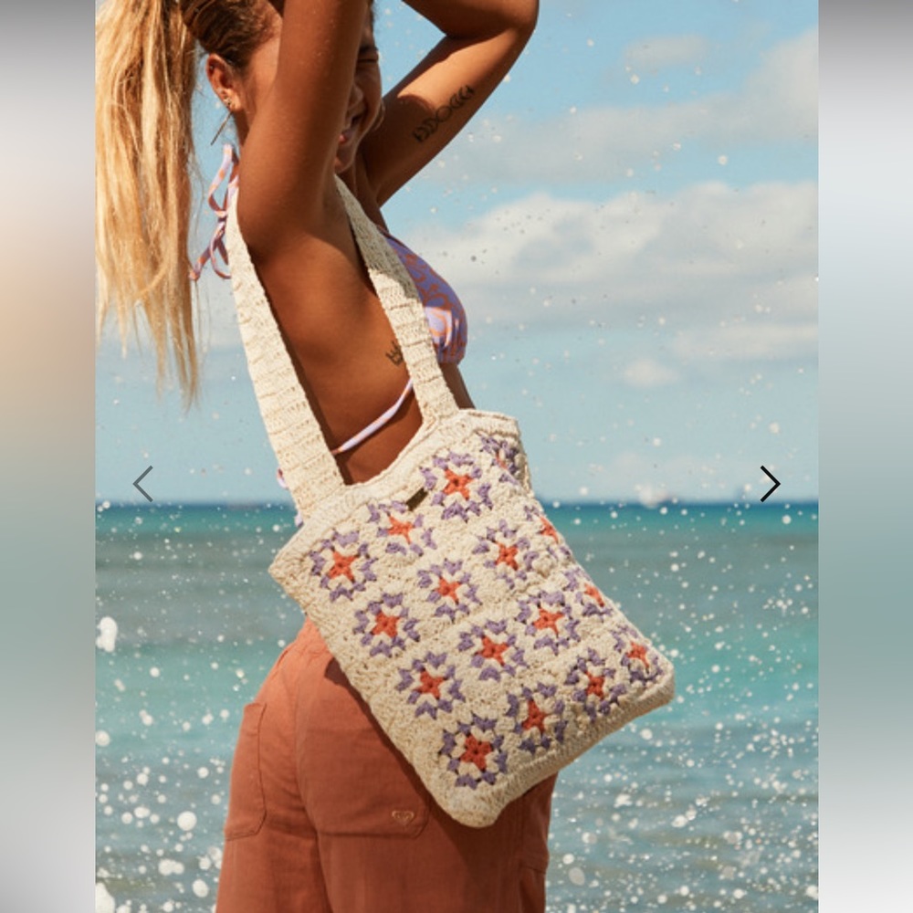 Roxy Cream Crochet Tote with Purple and Orange Flower Motifs